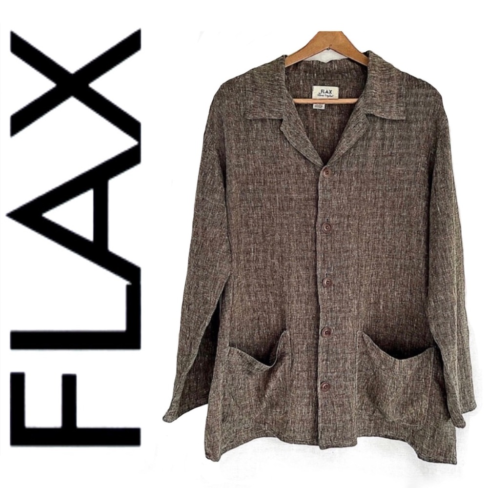Vintage FLAX Oversized Jacket w Pockets Women’s Size Medium Brown Button Front